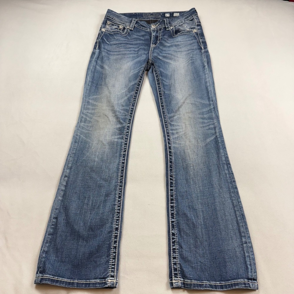 Miss Me Mid-Rise Curvy Bootcut Jeans Embroidered Flap Pocket Blue 27 E3469VBR